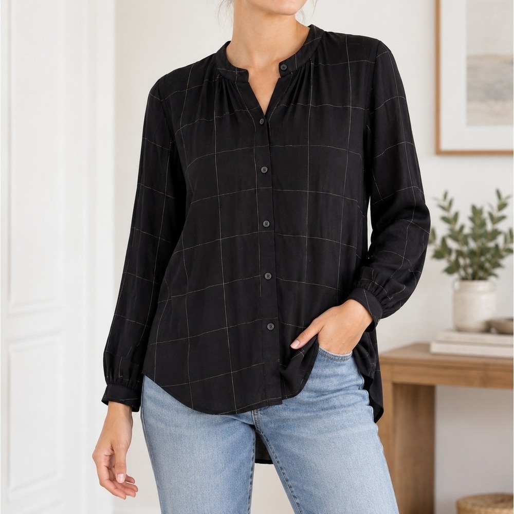 Rails Elosise Ebony Tinsel Black Gold Metallic Windowpane Plaid Blouse Top Small